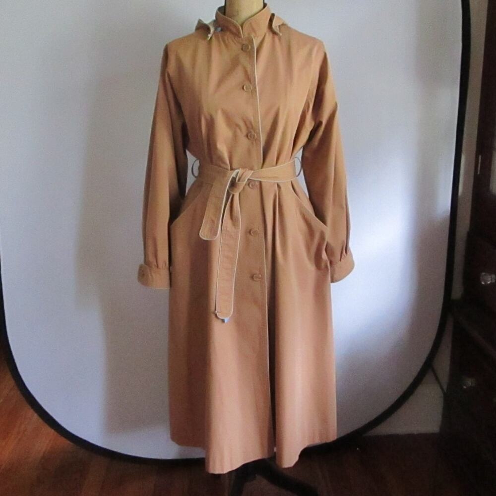London Fog Taupe Trench Coat Hooded Belted Zip-Out Liner M/L Vintage Outerwear - Picture 3 of 17